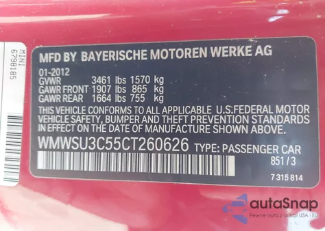 2012 Mini Cooper from USA, damaged, VIN WMWSU3C55CT260626